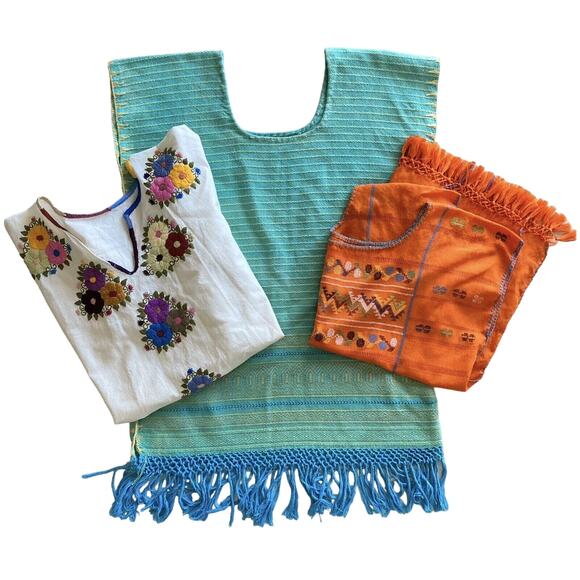Vintage 70s Mexican Hippie Boho Beach Travel 3 Piece Tunic Top Bundle Lot Size S - Picture 1 of 9